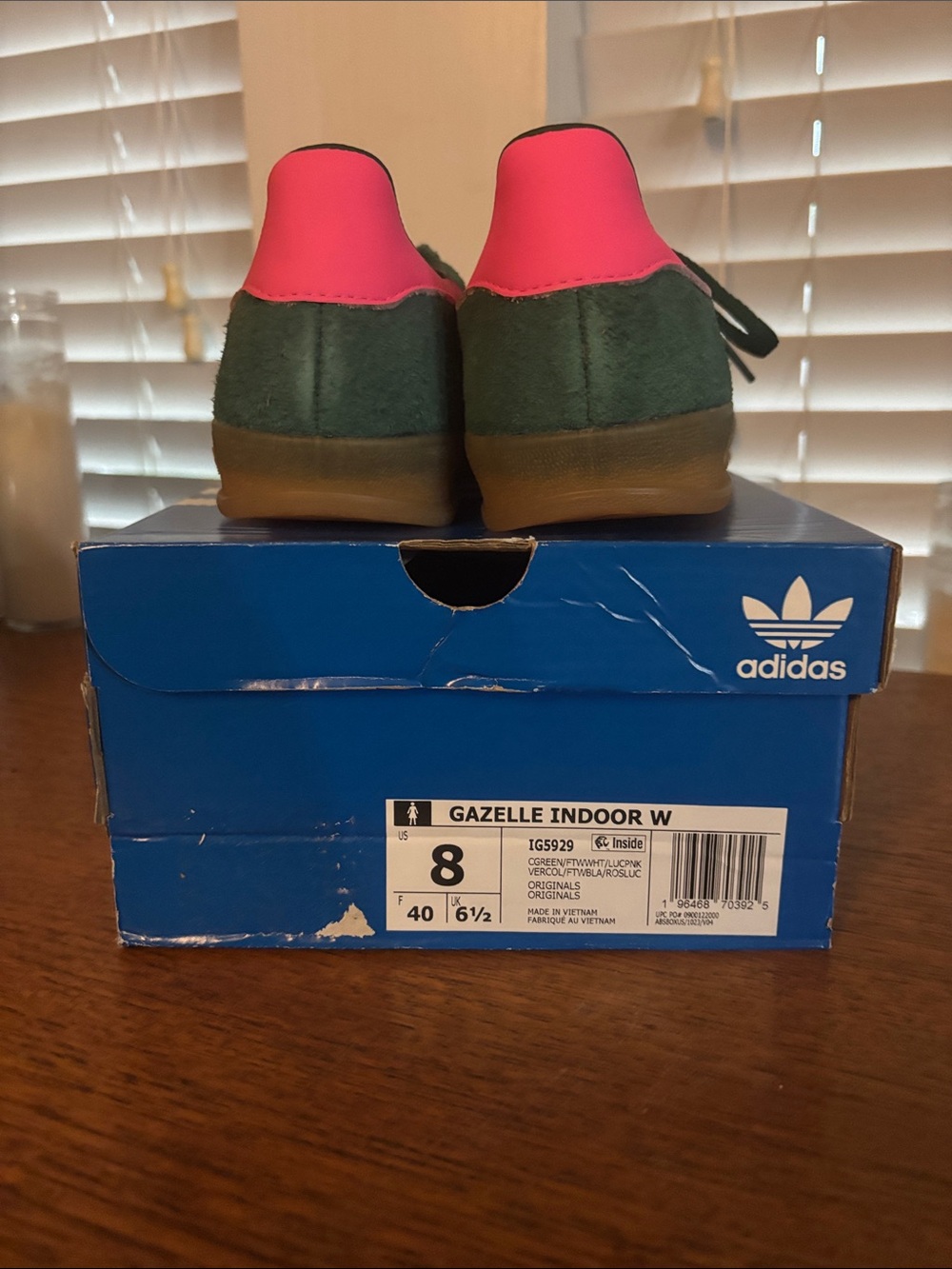 adidas Green Suede Gazelle Indoor Sneakers with White Stripes and Pink Lining - Picture 3 of 3